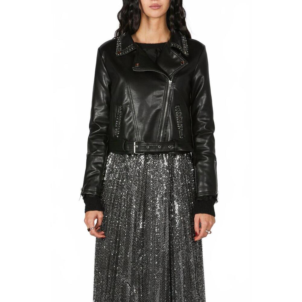 NEW BEULAH rhinestones embellished vegan leather biker jacket in black